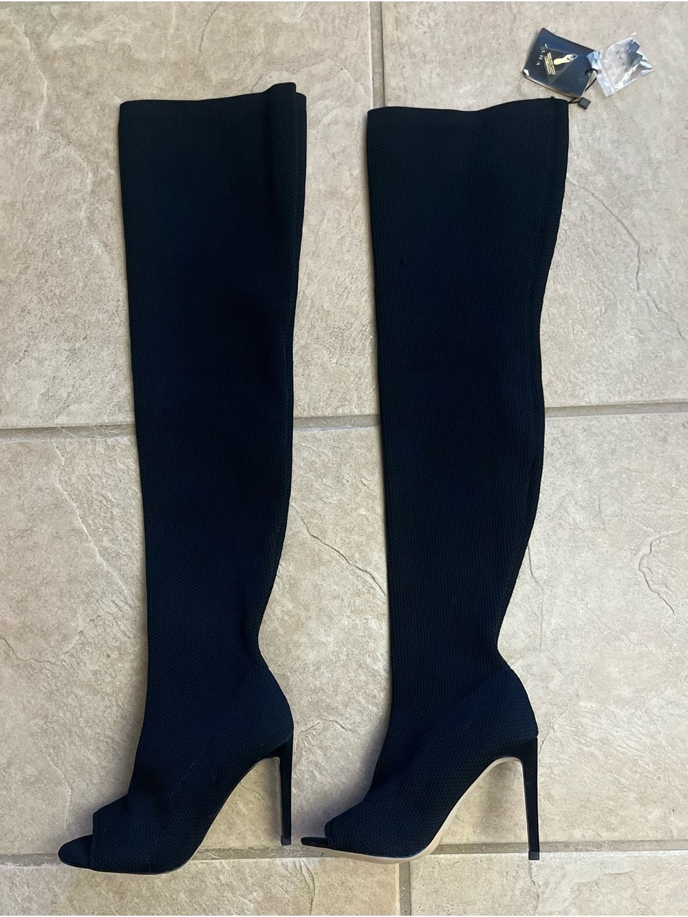 New Zara Black Stiletto High Heel Thigh High Peep Toe Stretch Boots - 8 / $119
